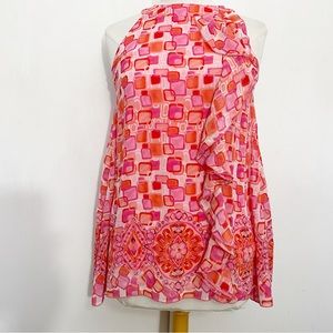 Print high button neck sheer lined sleeveless polyester vertical ruffle top S